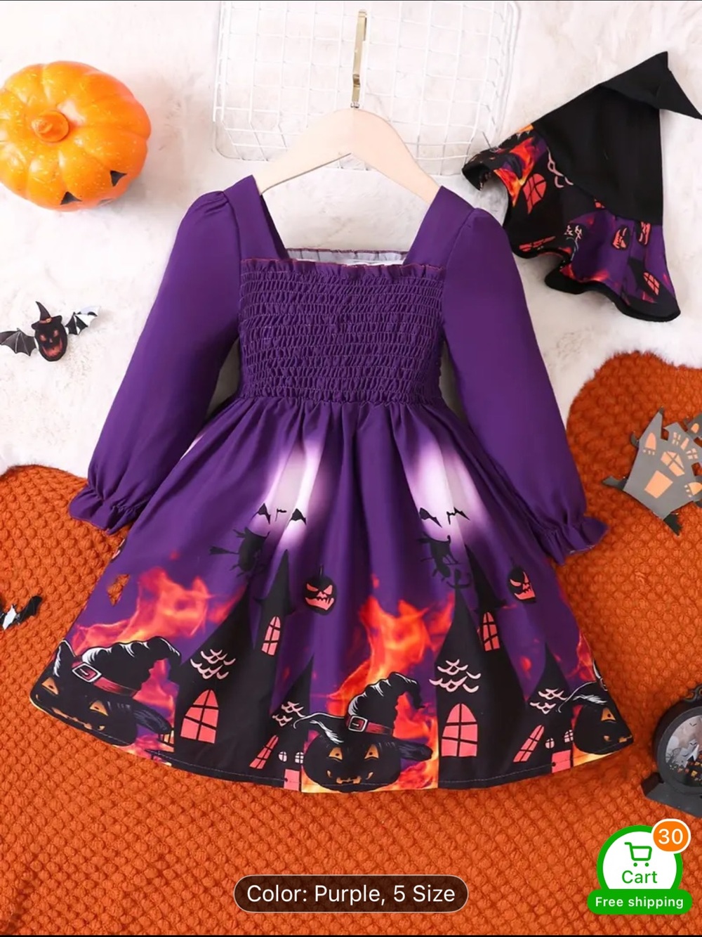 Purple Halloween Witch Pumpkin Dress for Kids - Smocked Bodice Costume